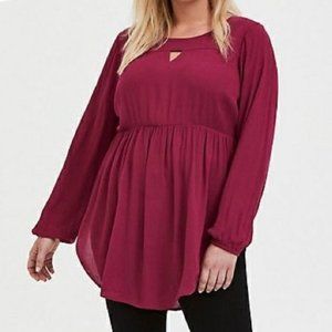 Torrid 3/4 Sleeve Plum Scoop Neck Cutout Peasant Blouse, Size 3x GUC
